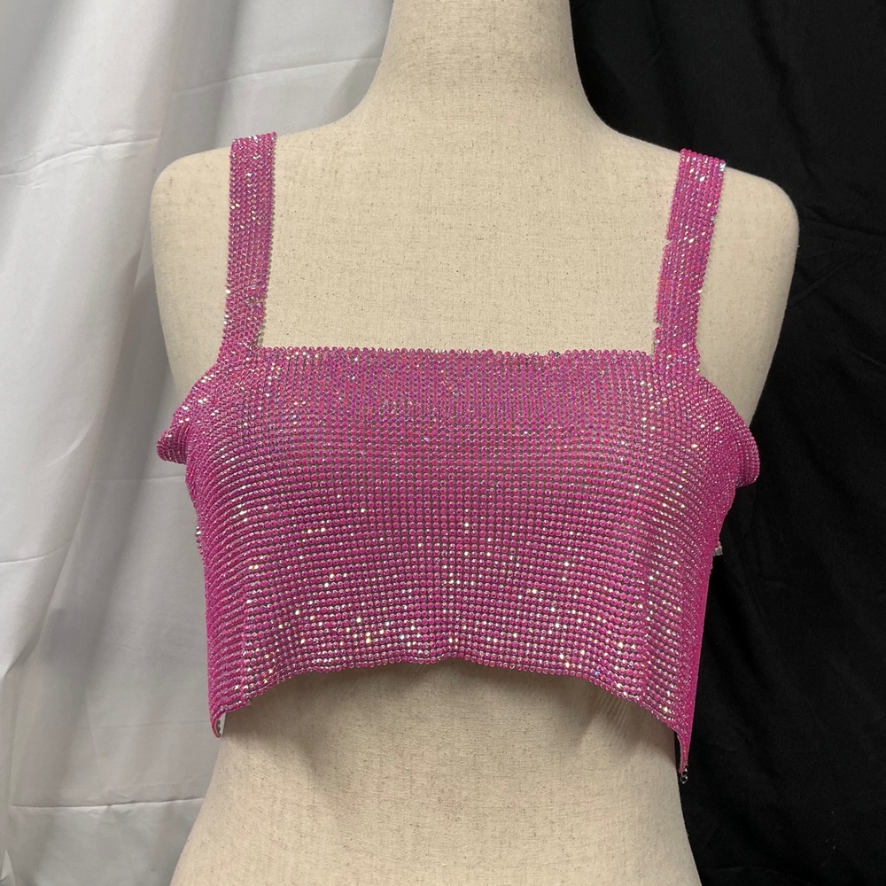 Rhinestone Crop Top Sparkly Jewel‎ Embellished Festival Party Chain Pink